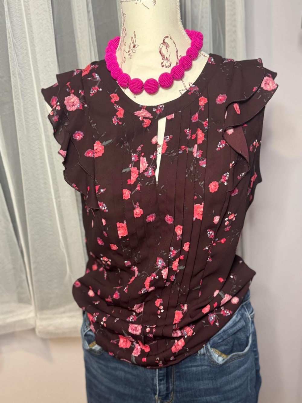 Elle Burgundy Floral Pintuck Ruffle Shell